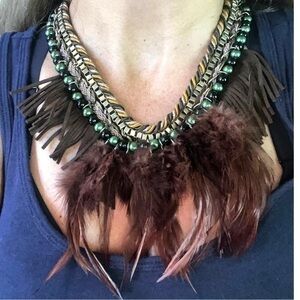 Rodeo Western Leather Fringe Feather Statement Necklace